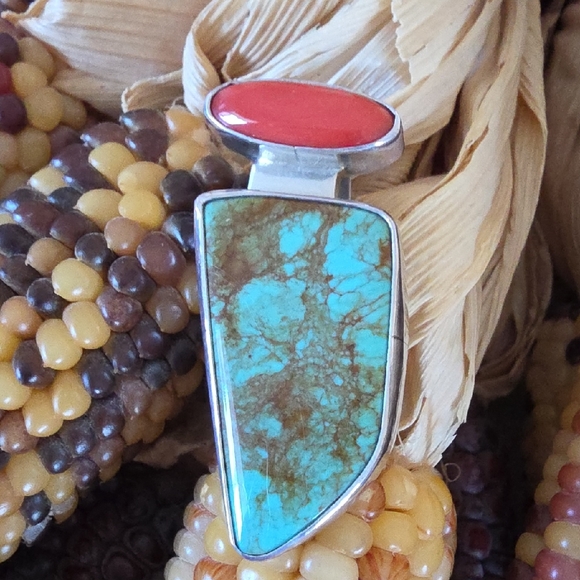 Native American Navajo Turquoise & Coral Pendant By Everett & Mary Teller 💙🎁❤